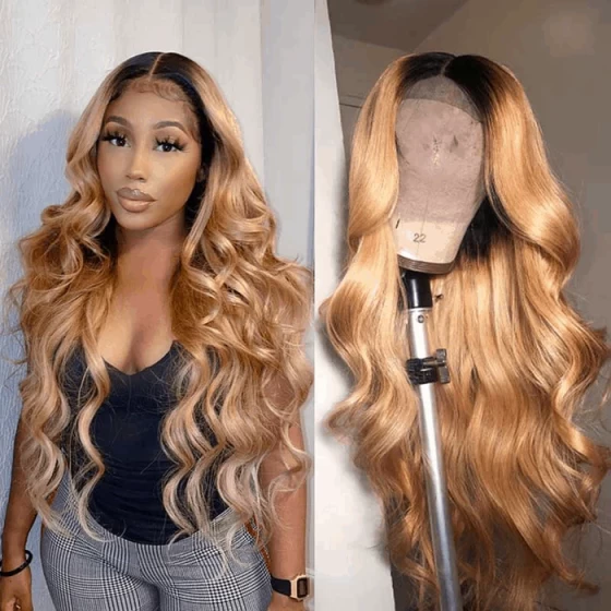 Honey Blonde Human Hair 13x6 HD Body Wave 1B/27 Ombre Lace Front Wigs